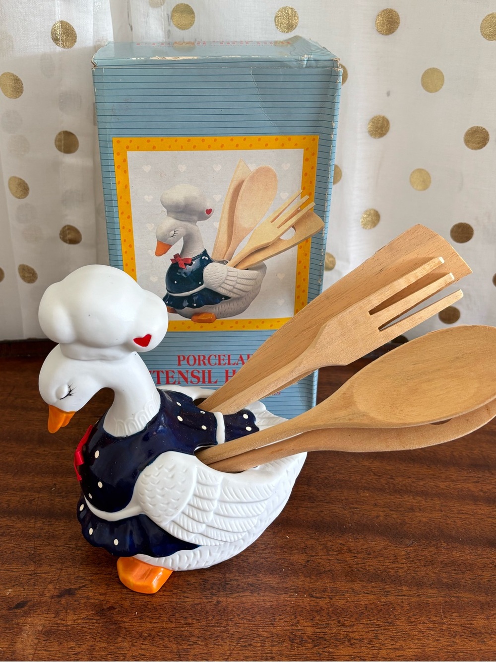 Vintage Giftco ceramic Goose Utensil/Potpourri Holder 80s NIB Polka Dots Hearts